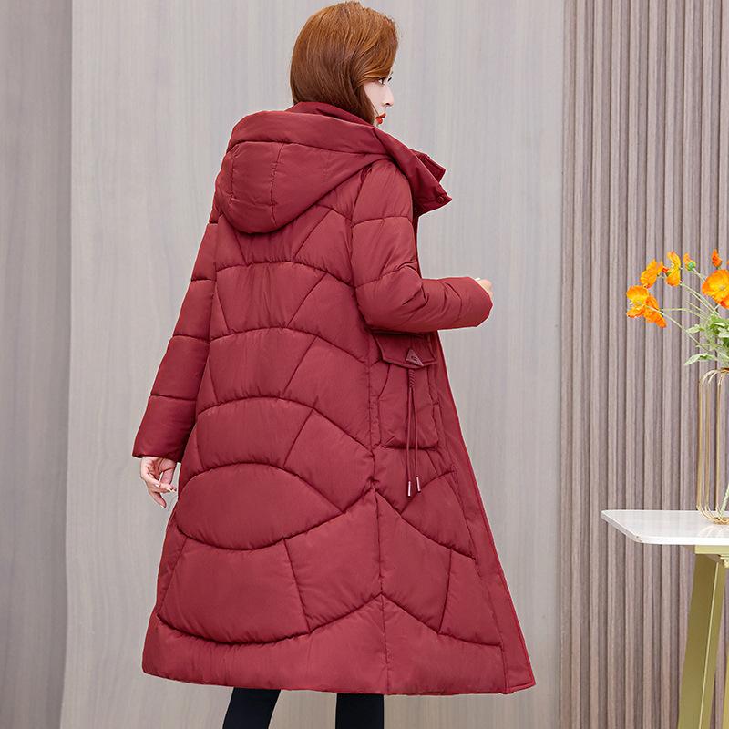 Long over-knee hooded cotton-padded clothes for women's new winter medium and long large size waist and thin middle-aged and elderly coats