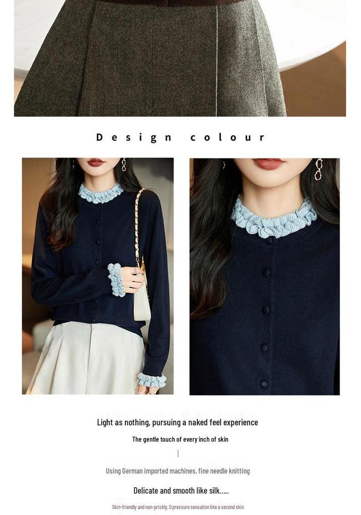 Elegant 2026 Autumn Winter Color Block Knit Cardigan for Women with Ruffle Lace Collar - Slimming and Stylish Outerwear Top