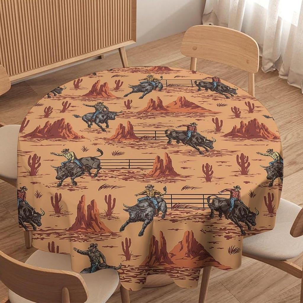 Vintage Western Cowboy Riding Horse Circle Tablecloth - Cactus Desert Cow Farmhouse Country Party Dining Cover