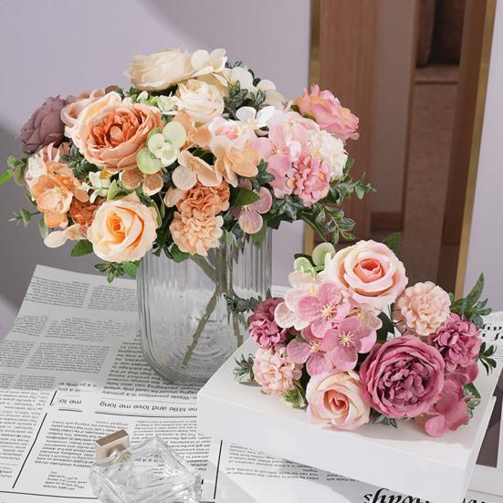 Artificial Rose Bouquet Realistic Fake Silk Flower with Green Leaves Home Wedding Party Table Centerpiece Indoor Outdoor Faux Bloom Decoration