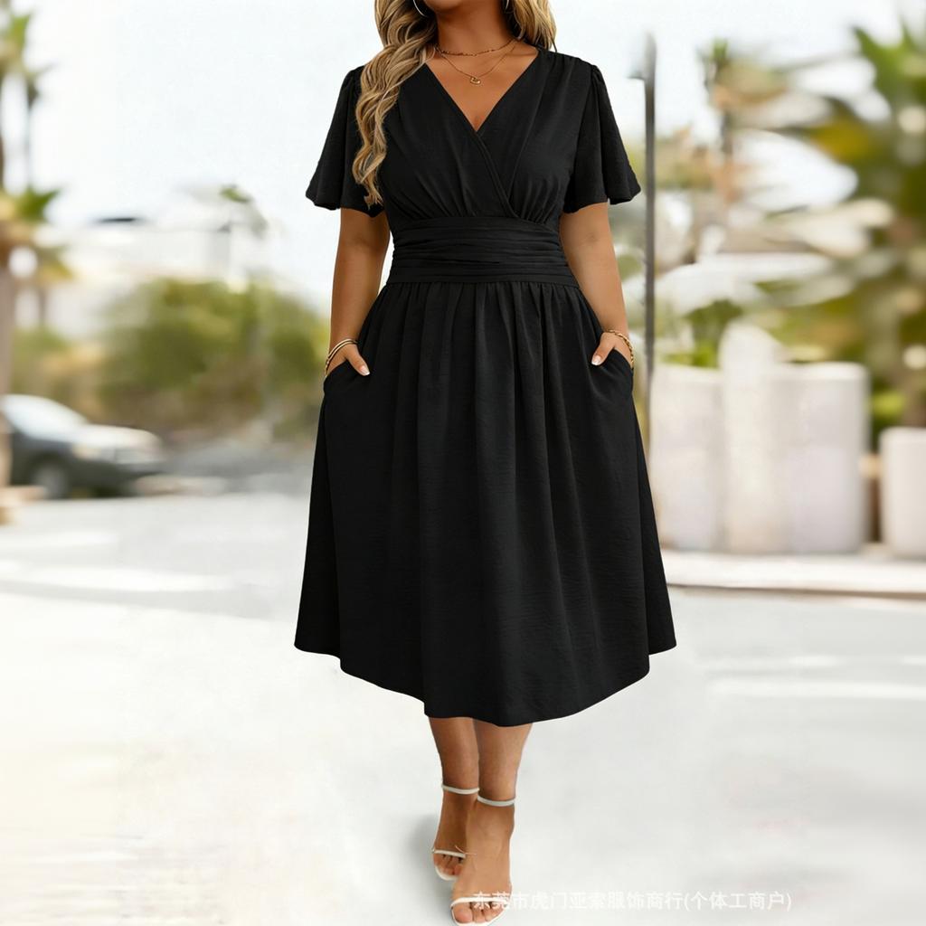 Women's V Neck Short Sleeve Dress Solid Color Waist Pleated Design Flared Sleeves Midi Length Casual Dress with Pockets