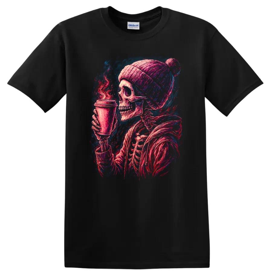 Skeleton Drinking Coffee Hoodie T Shirt Casual Halloween Graphic Tee