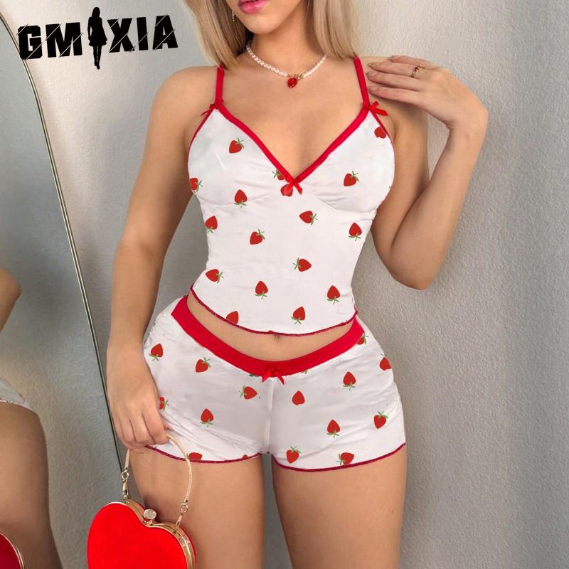 

GMXIA Женский сексуальный комплект с подтяжками, модная повседневная пижама, майка, шорты с разрезом, домашняя одежда, комплект из двух предметов XL земляничный