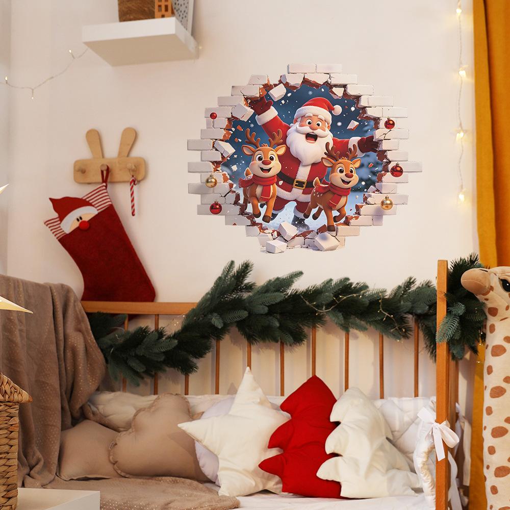 3D Wall Breaking Santa Claus Reindeer Wall Sticker Self Adhesive Living Room Bedroom Entryway Decor