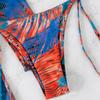 Women's Split Three Piece Set Printed Net Red Tie Dyed Lace Up Drawstring Swimsuit Bikini Sets