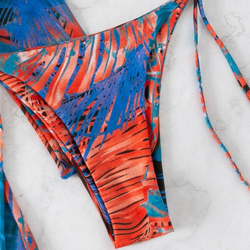 Women's Split Three Piece Set Printed Net Red Tie Dyed Lace Up Drawstring Swimsuit Bikini Sets