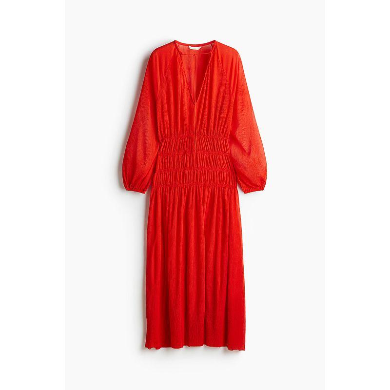 

HM Women s Clothing Dress 2025 Autumn New round Neck Lantern Sleeve Small Cut Out Waist Pleated A- line Dress 1265345 Bright red 155/80