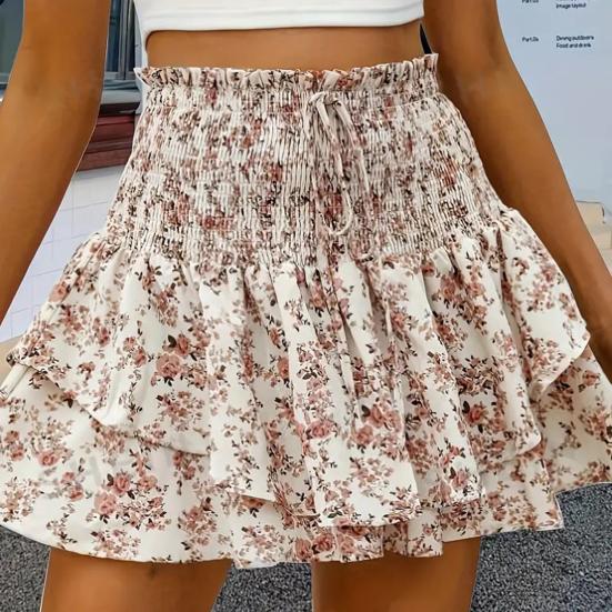 Summer Women Shorts Print Shirring High Waist Ruffle Patchwork Elastic Multi-layered Floral Wide Waistband Drawstring A-line Fake