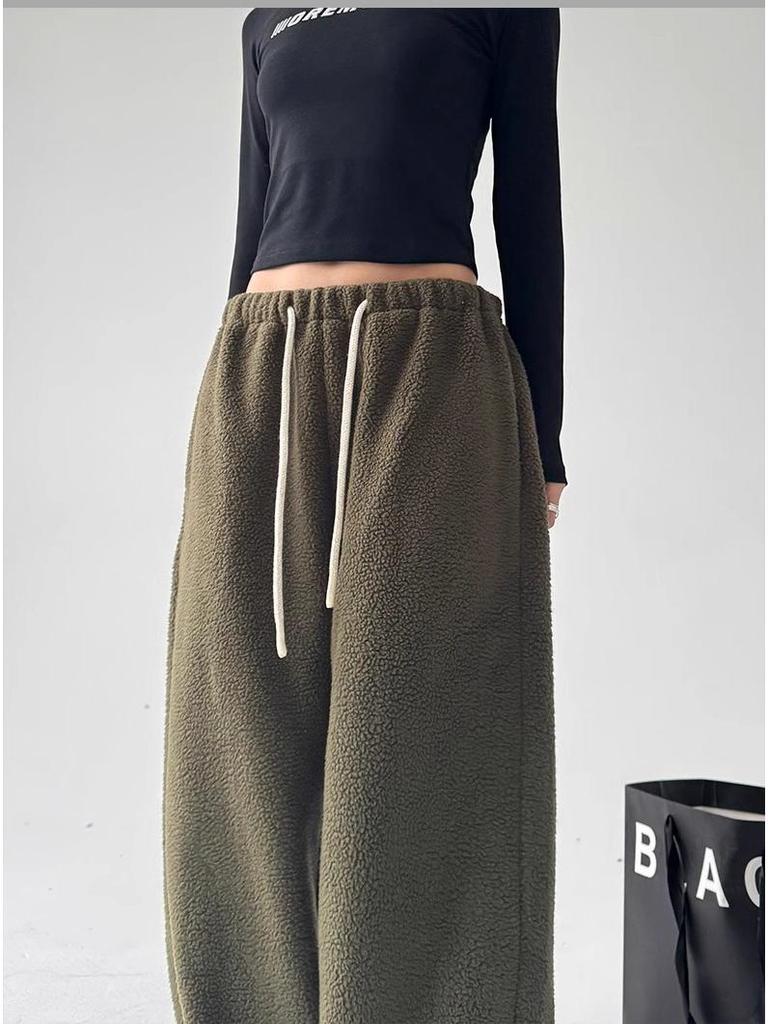 Women's Plush Fleece Wide-Leg Pants - High Waist, Loose Fit, Thickened for Winter 2025