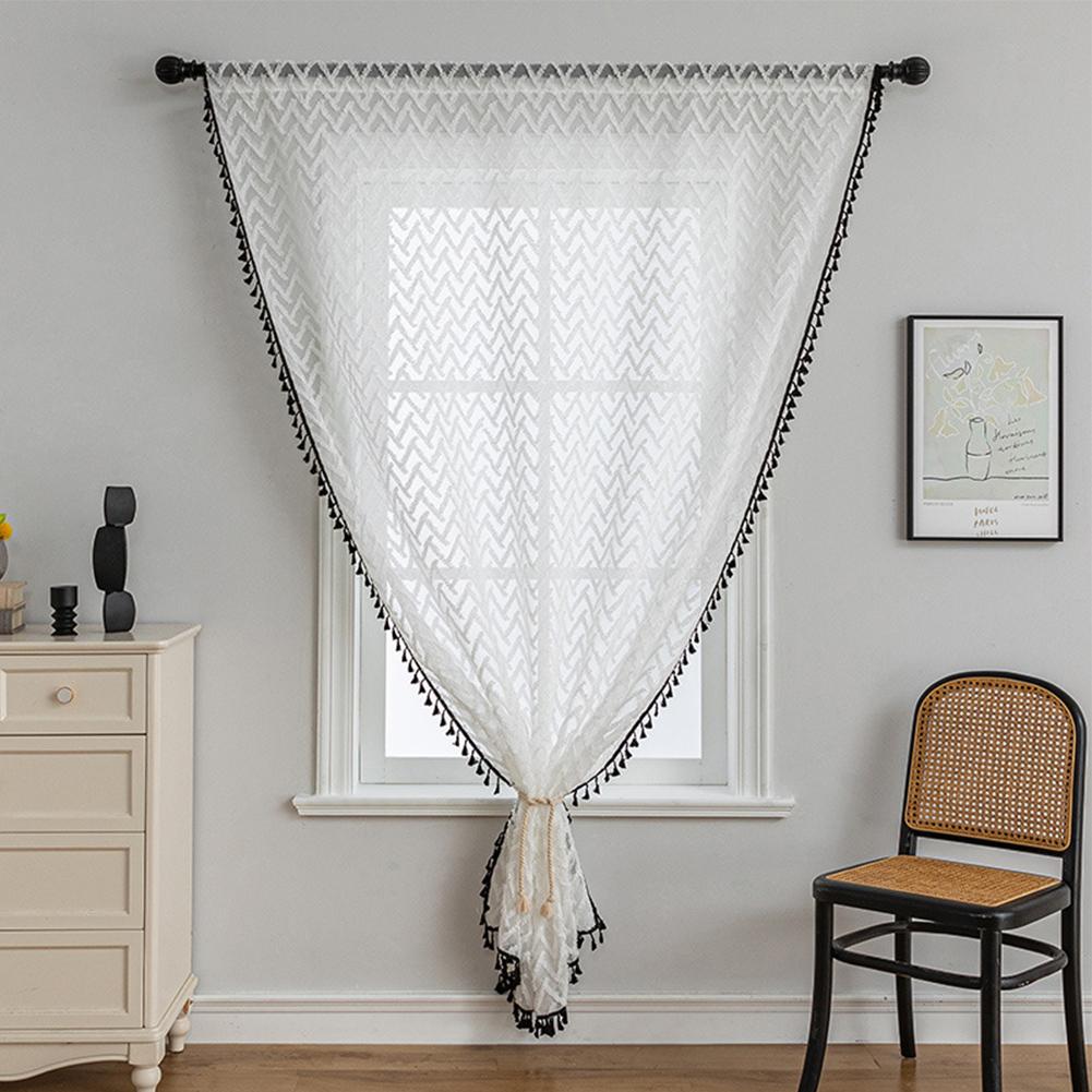 1PC LOZUJOJU Boho Geometric Herringbone Sheer Curtain with Tassels, Light Filtering Tulle for Living Room Bedroom Home Decor