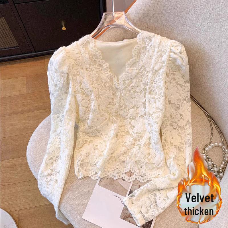 Women's Fluffy Lace Puff Sleeve V-Neck Top - Slimming Autumn/Winter Style