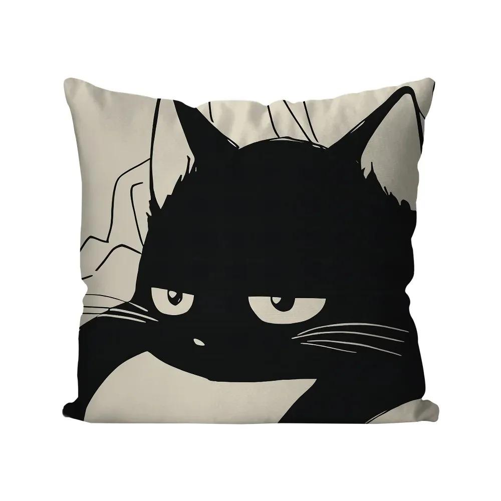Cute Black Cat Cartoon Peach Skin Cushion Cover Kawaii Kitty Throw Pillowcase for Sofa Living Room Kids Bedroom Decor 40x40cm