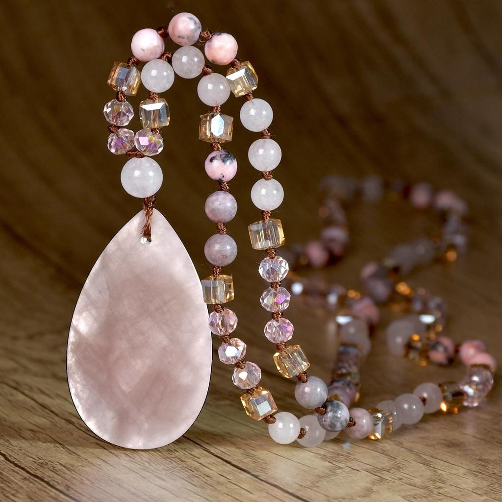 Women's Pink Crystal & Colorful Agate Water Drop Necklace: Handmade Knotted Sweater Chain with European and American Style