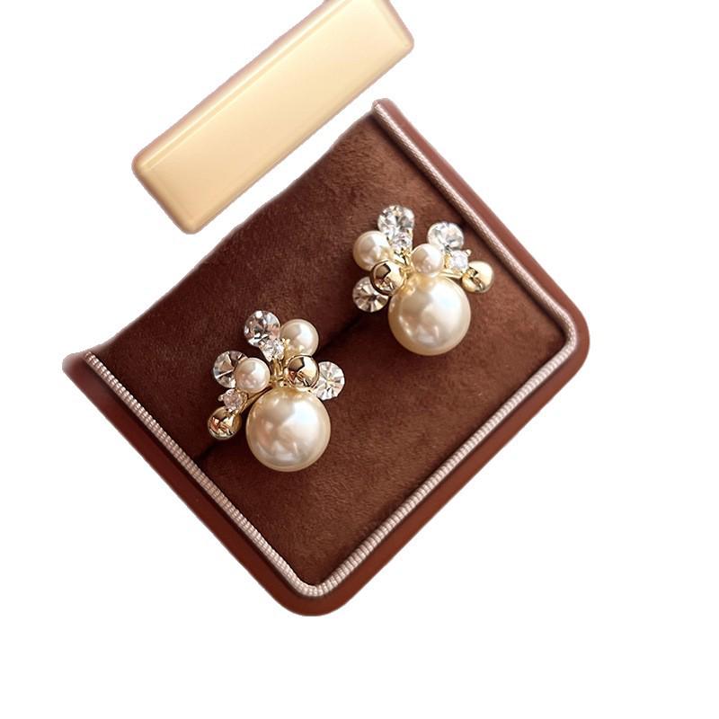 Gold-Plated Silver Zircon Flower Pearl Stud Earrings - French Retro Style for Women