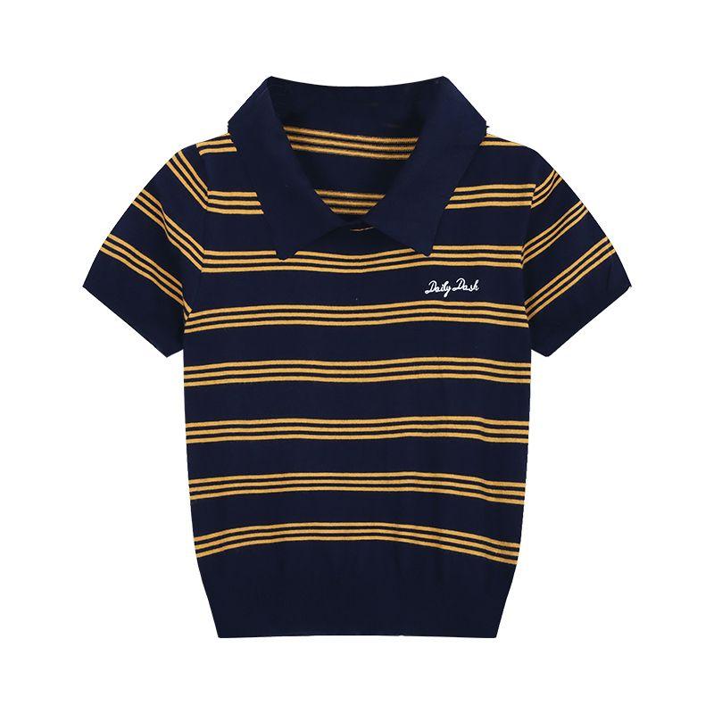 

Модный комплект Kumikumi Контрастный цвет Полоска Вязаный с коротким рукавом Женский Летний С высокой талией Приталенная юбка Комплект из двух предметов Stripes Tops One size