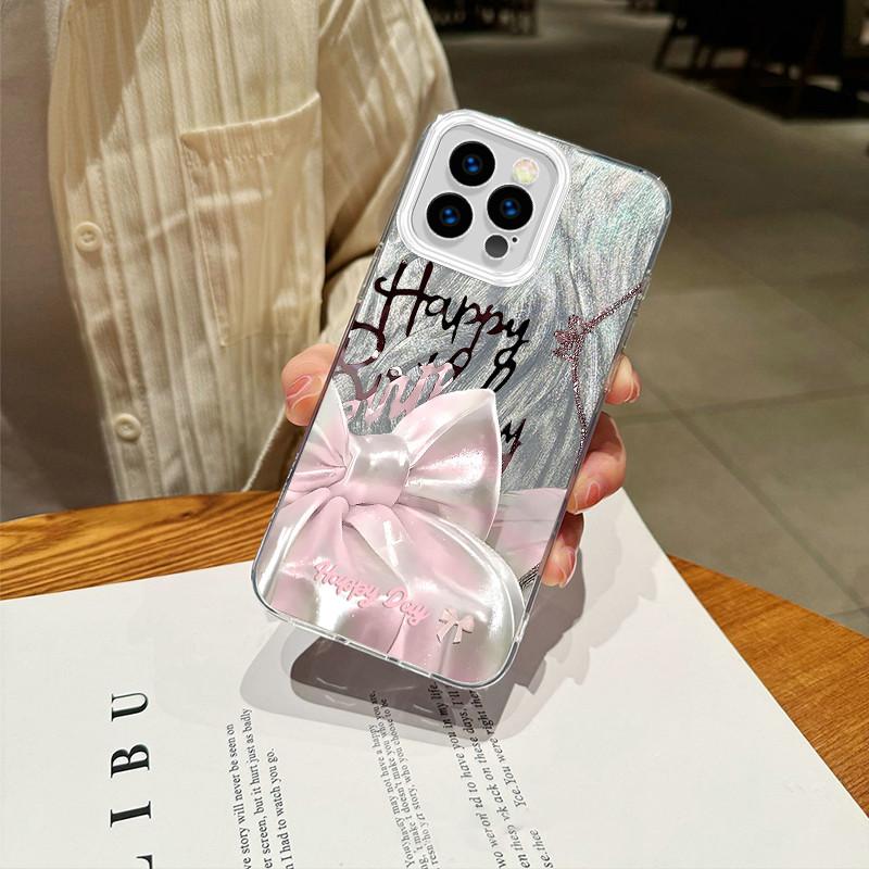Upgraded Glitter Silver Case Happy Birthday Bowknot Printed Protective Shell Shockproof Full Back Cover for iPhone Samsung