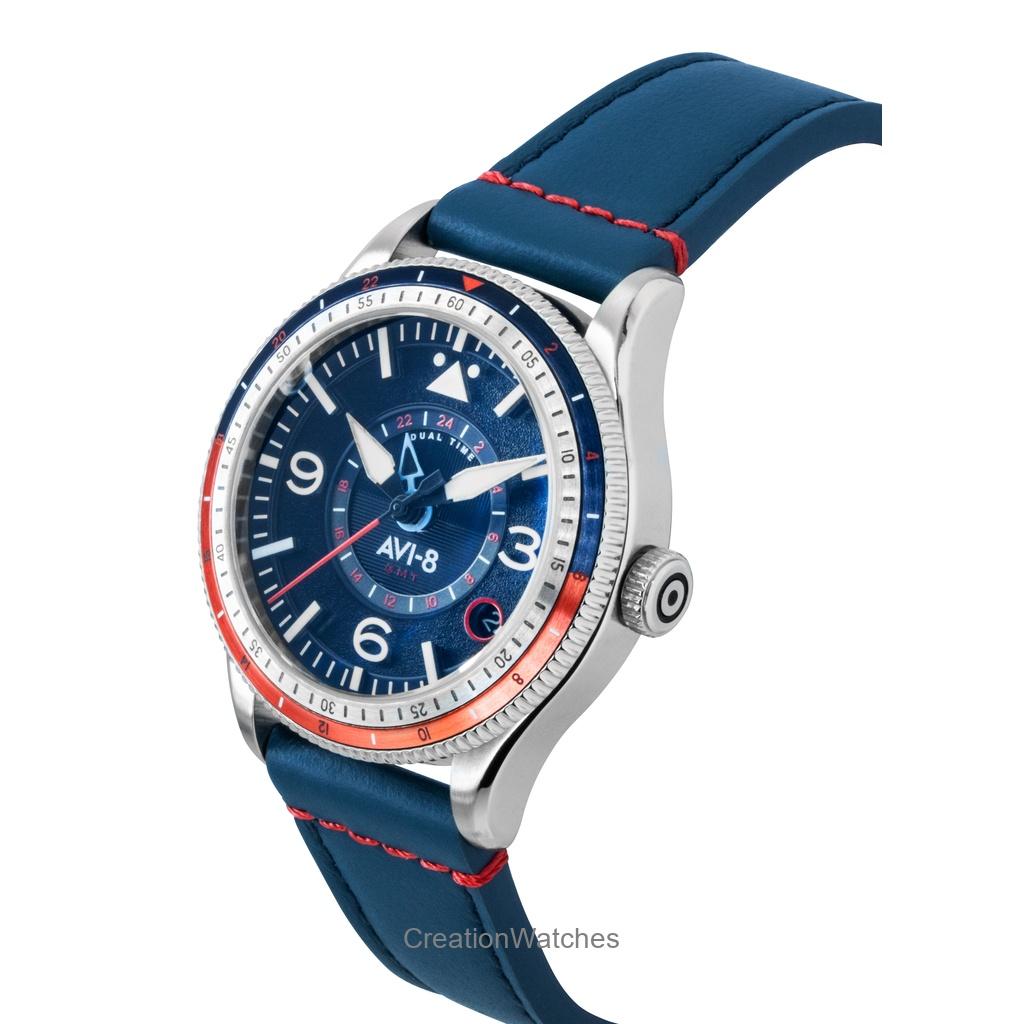 AVI-8 Flyboy Airmaster GMT Kokpitově modrý kožený řemínek Modrý ciferník Automatické AV-4128-04 Pánské hodinky