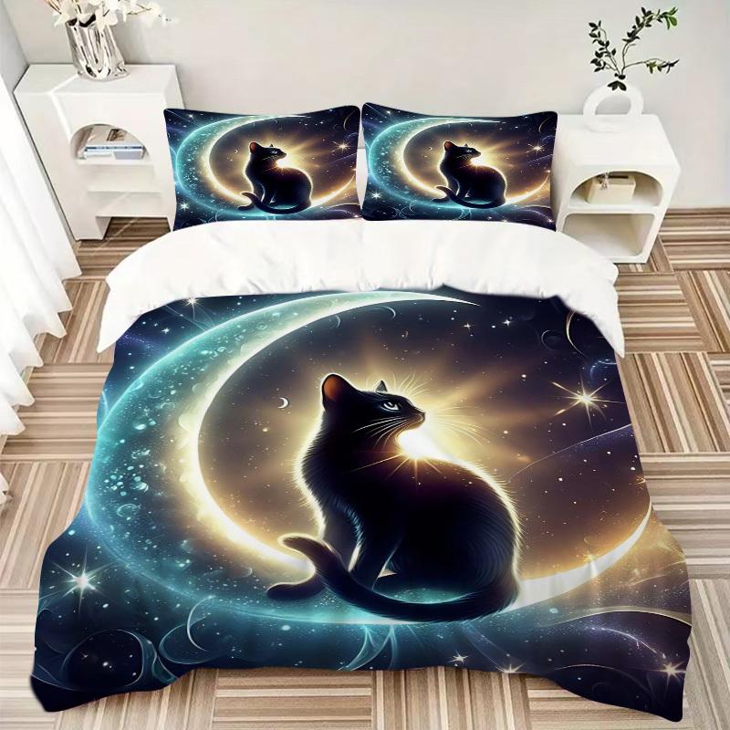 3pcs Anime Cat Moon Stars Bedding Set - Includes One Quilt Cover and Two Pillowcases (No Core) - Home Decor, Festival Gift, Polyester Fabric