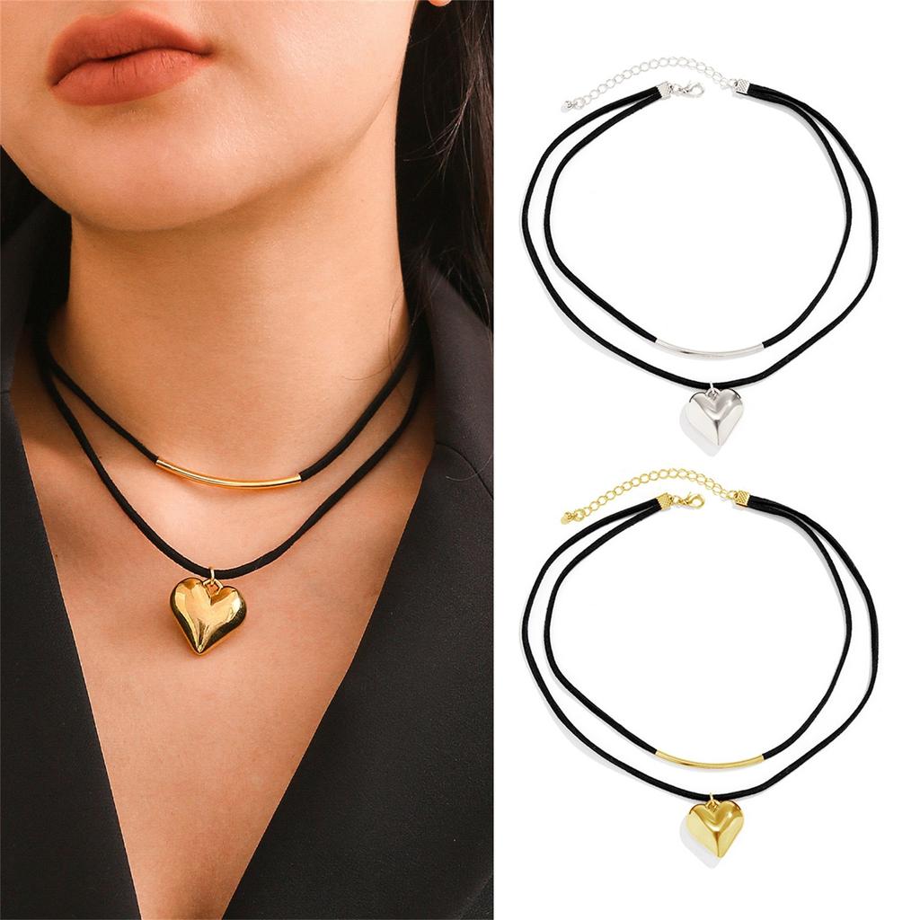 Double Layer Velvet Cord Necklace with Geometric Heart Pendant Adjustable Length Choker Style Jewelry for Everyday Wear and Special Occasions