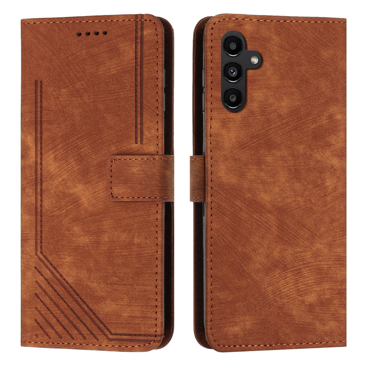 

For Samsung Galaxy S25 FE Stand Case Imprinted Lines Leather Phone Cover Brown