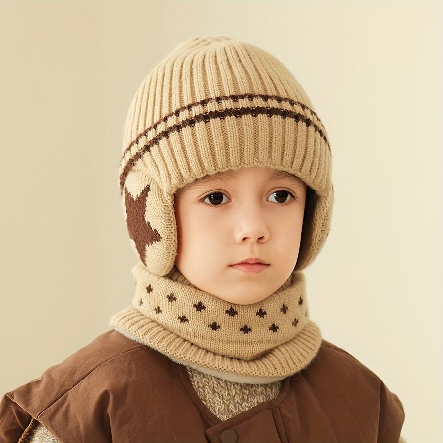 2pcs Winter Kids Hat and Scarf Set Thick Warm Knit Beanie with Earflaps & Matching Neck Gaiter for Boys Ages 3-7