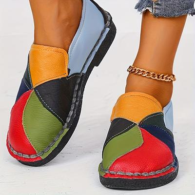 Mocassins pour femmes à couleurs assorties à semelle plate, Chaussures de ville à bout rond à semelle souple, Chaussures en cuir artificiel, Chaussures décontractées de marche antidérapantes
