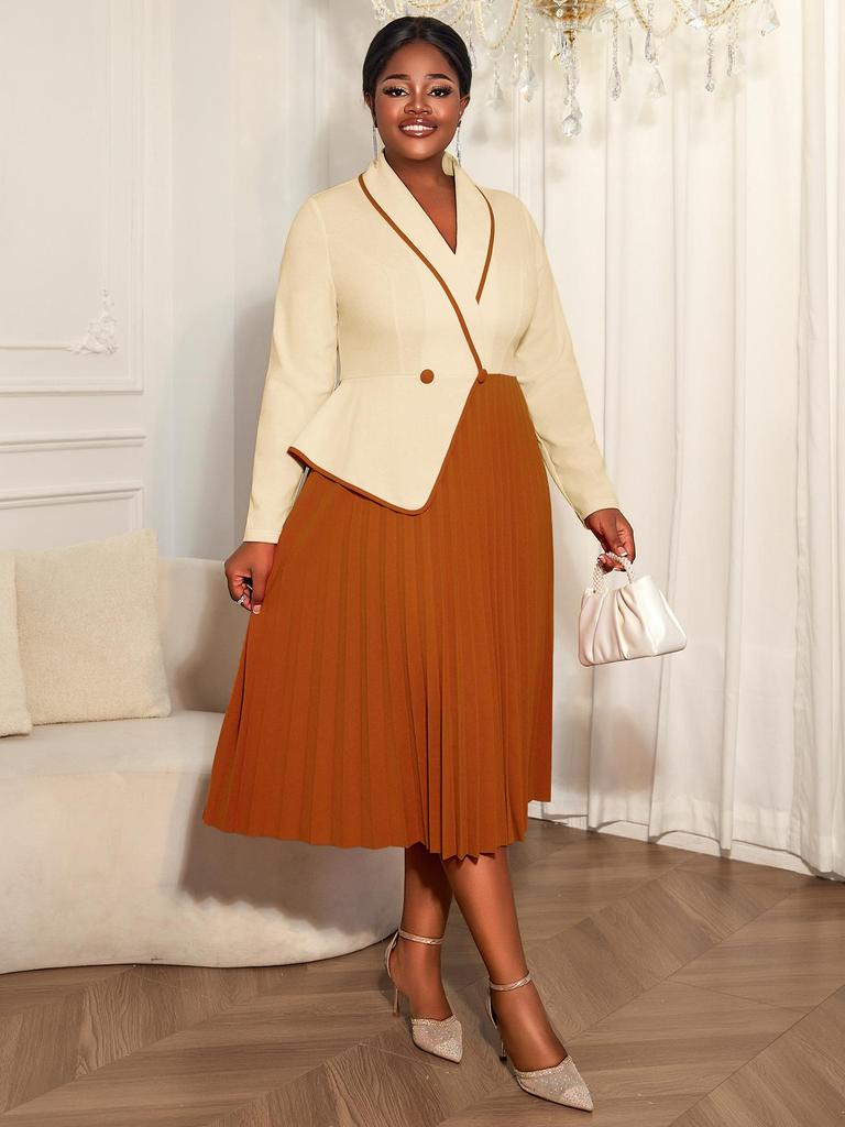 Women's Plus Size Color Block Two-Piece Look Long Sleeve Dress with Lapel and Pleated Skirt - Elegant Office Wear