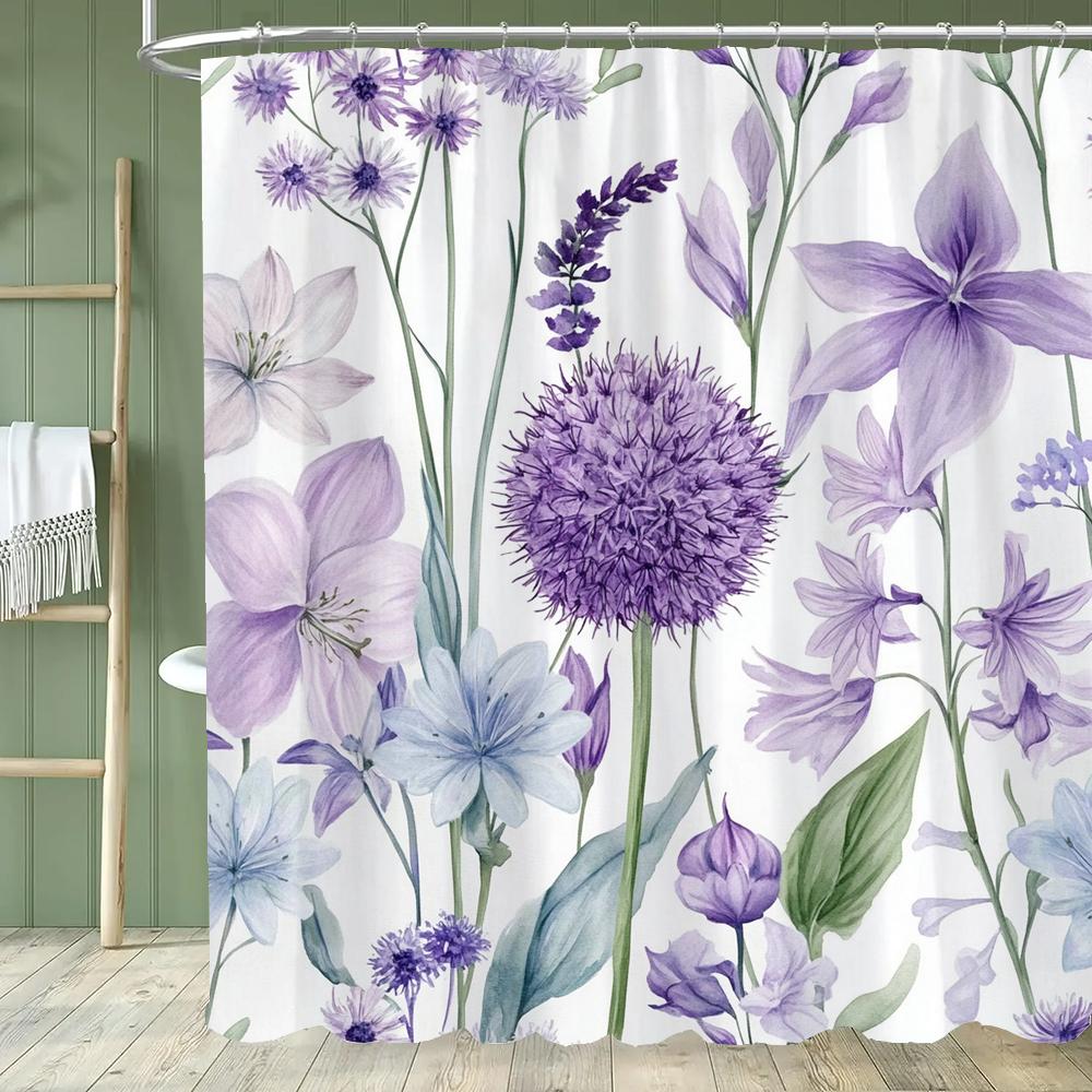 1pc Plant Purple Floral Shower Curtain, Bathroom Decorative Shower Curtain, Printed Polyester Fabric Shower Curtain with Hooks