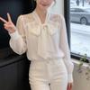 French Style Women White Bow Lace Blouse Long Sleeve Lace Trim Bow Tie Casual Elegant Shirt