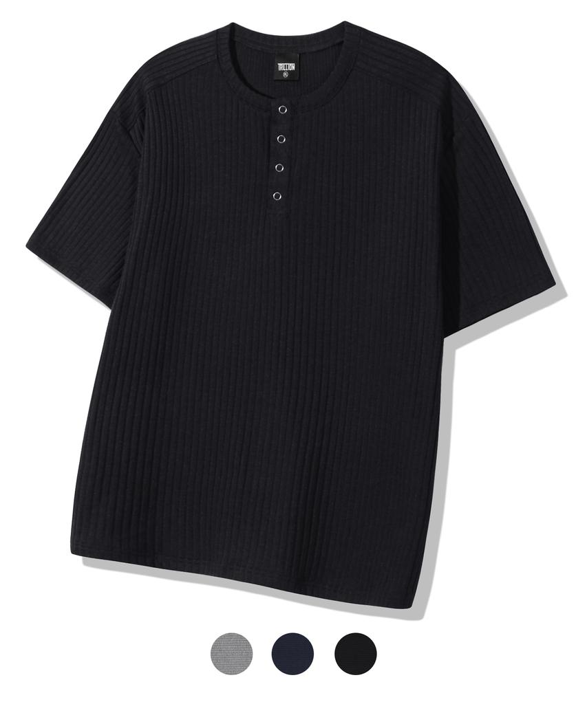 TRILLION Ribbed Ring Snap Henley Neck Short Sleeve T-Shirt_3Color