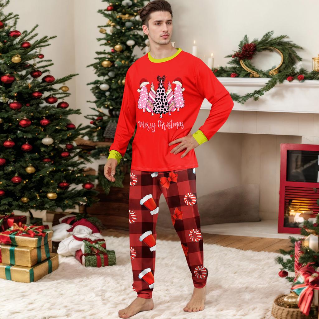 Matching Family Christmas Pajamas Set Long Sleeve Neck Top and Pants for Parents Kids Holiday Wear
