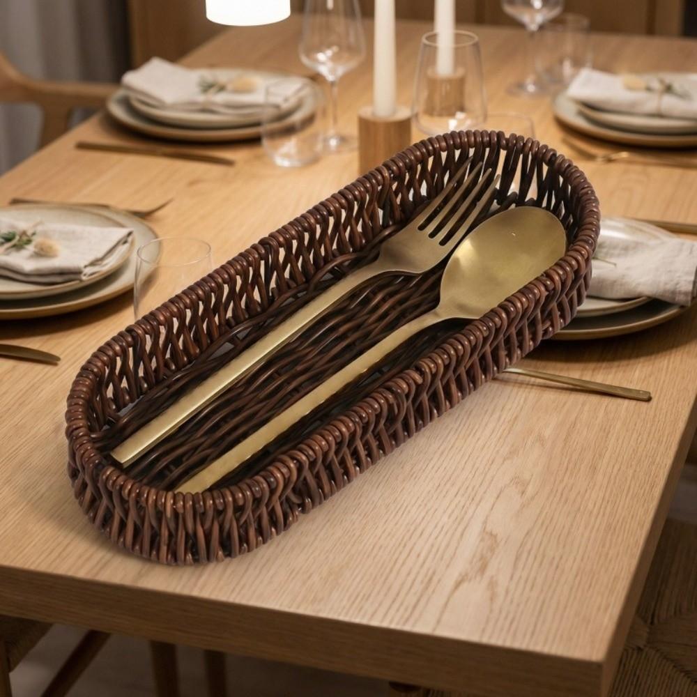 Minimalistisches Tablett aus Kunstgeflecht, ovale Form, Schreibtisch-Ablagekörbe, Küchenutensilien