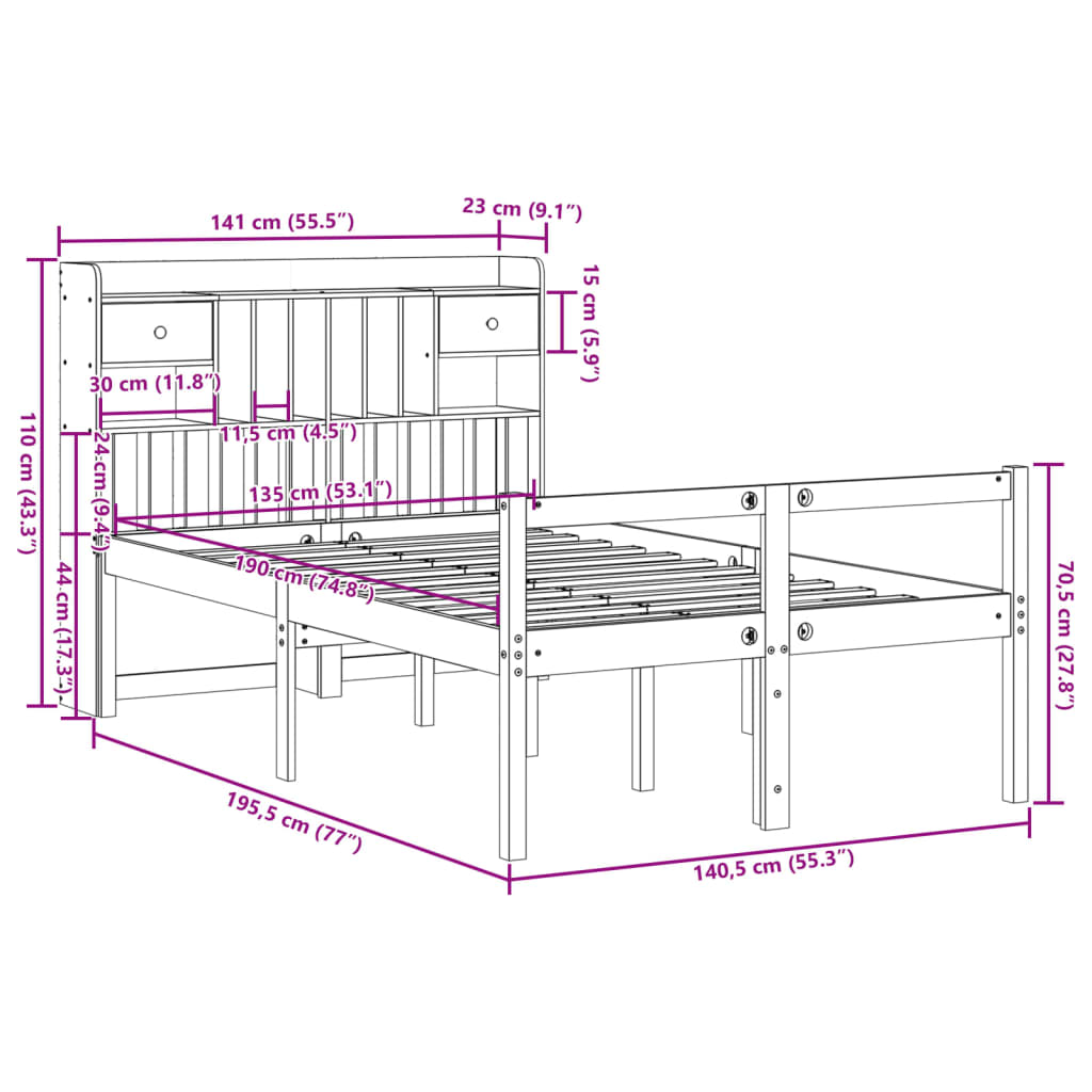 Solid Wood Bed with Shelf Without Mattress 135 x 190 cm Pine Wood