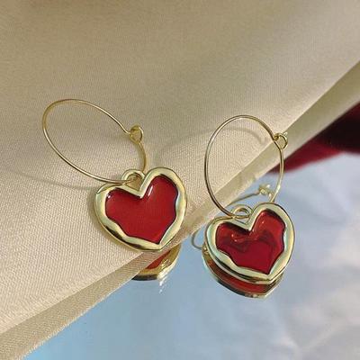 Korea Neue Süße Burgund Emaille Herz Ohrringe für Frauen Mädchen Gold Farbe Metall Liebe Romantische Hängen Baumeln