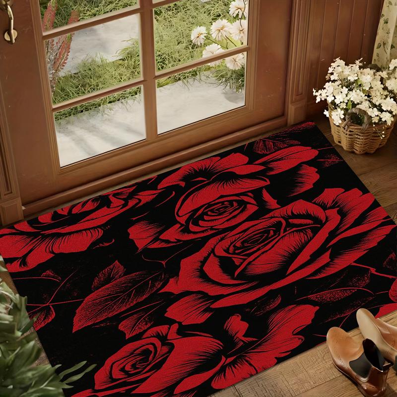 Valentine's Day Gothic Red Rose Area Rug Dark Floral Print Non Slip Washable Bedroom Living Room Carpet Retro Romantic Decor