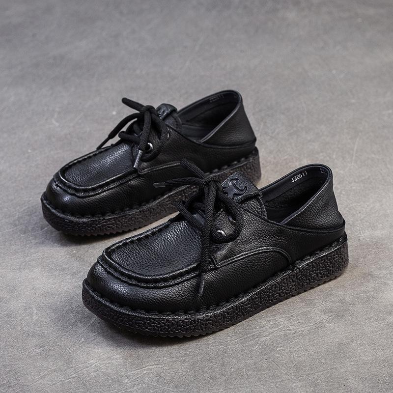 Fashion GKTINOO Women Loafers Spring Genuine Leather Comfort Flat Mother Shoes Lace Up Footwear Fashion Female Footwear Zapatos De Mujer