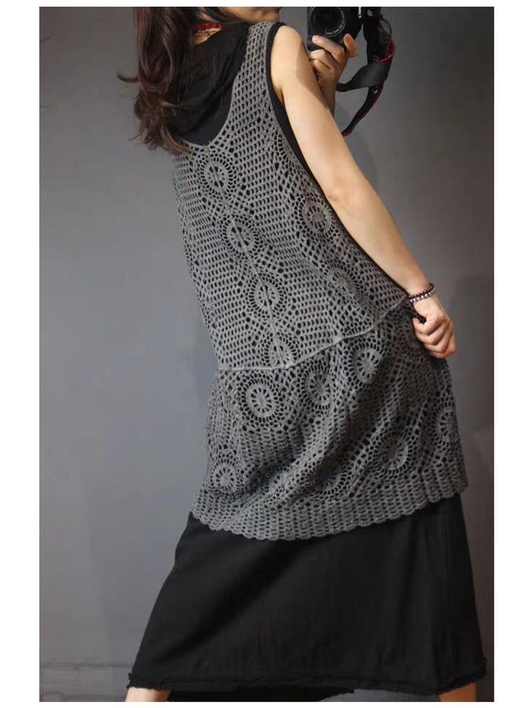 Women's Long Crochet Khaki Vest - Retro Loose Summer Waistcoat