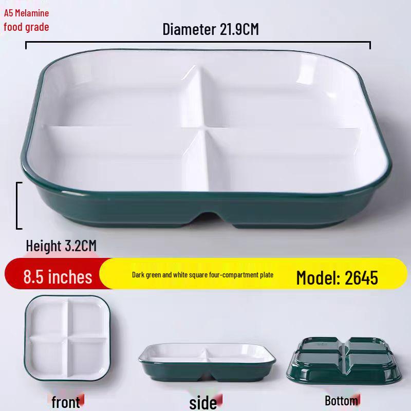 Four-Compartment Melamine Square Plate for Fast Food & Salads.