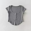 Amerikanischer Stil Slim Fit U-Ausschnitt Geknöpftes Waffelstrick Crop Top für Damen
