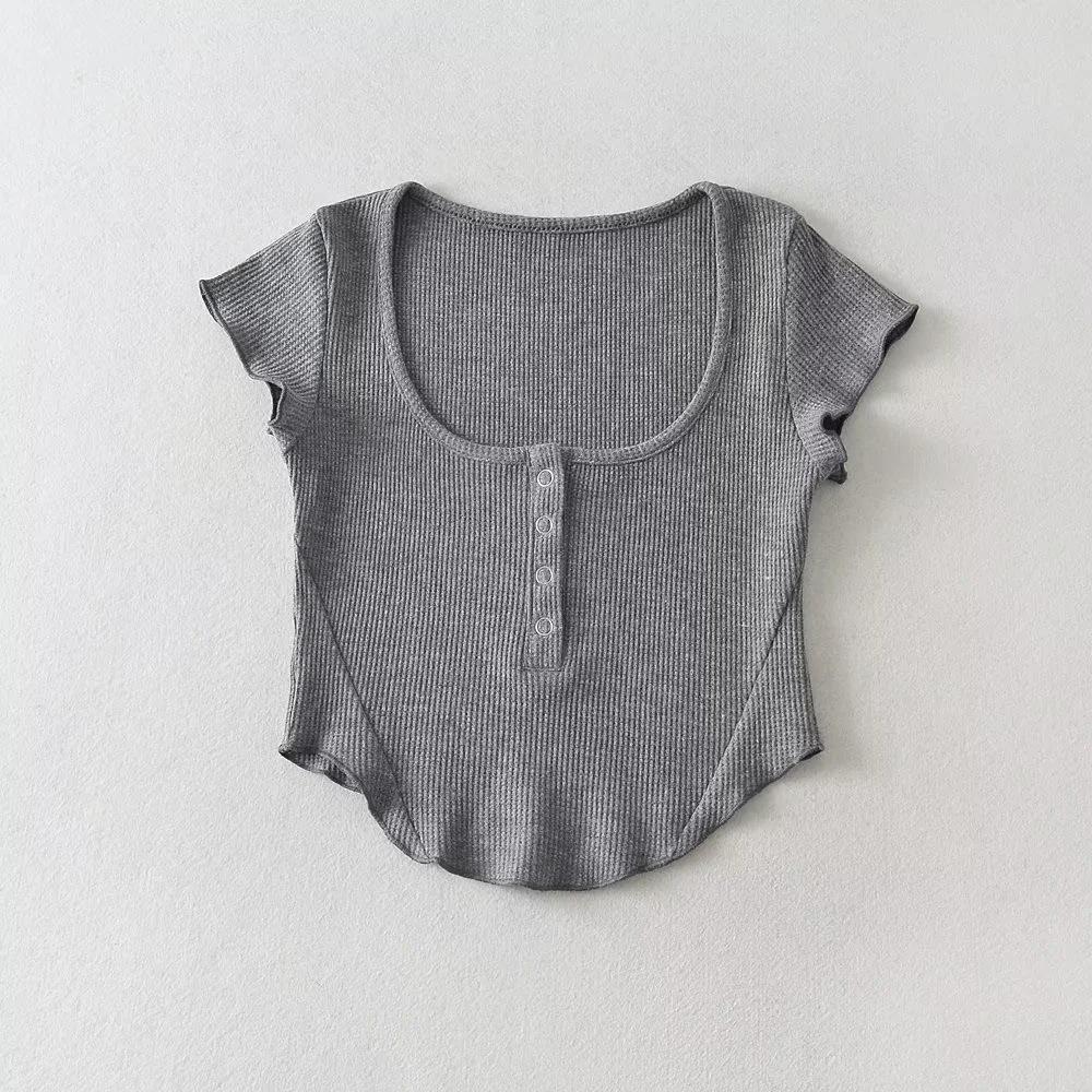 American Style Slim Fit U-Neck Buttoned Waffle Knit Crop Top for Women