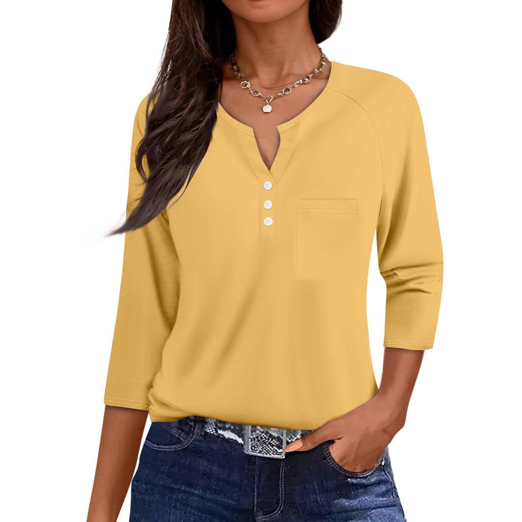 Ladies Casual Fashion V-neck Loose Versatile Color Printed Three-quarter Sleeves