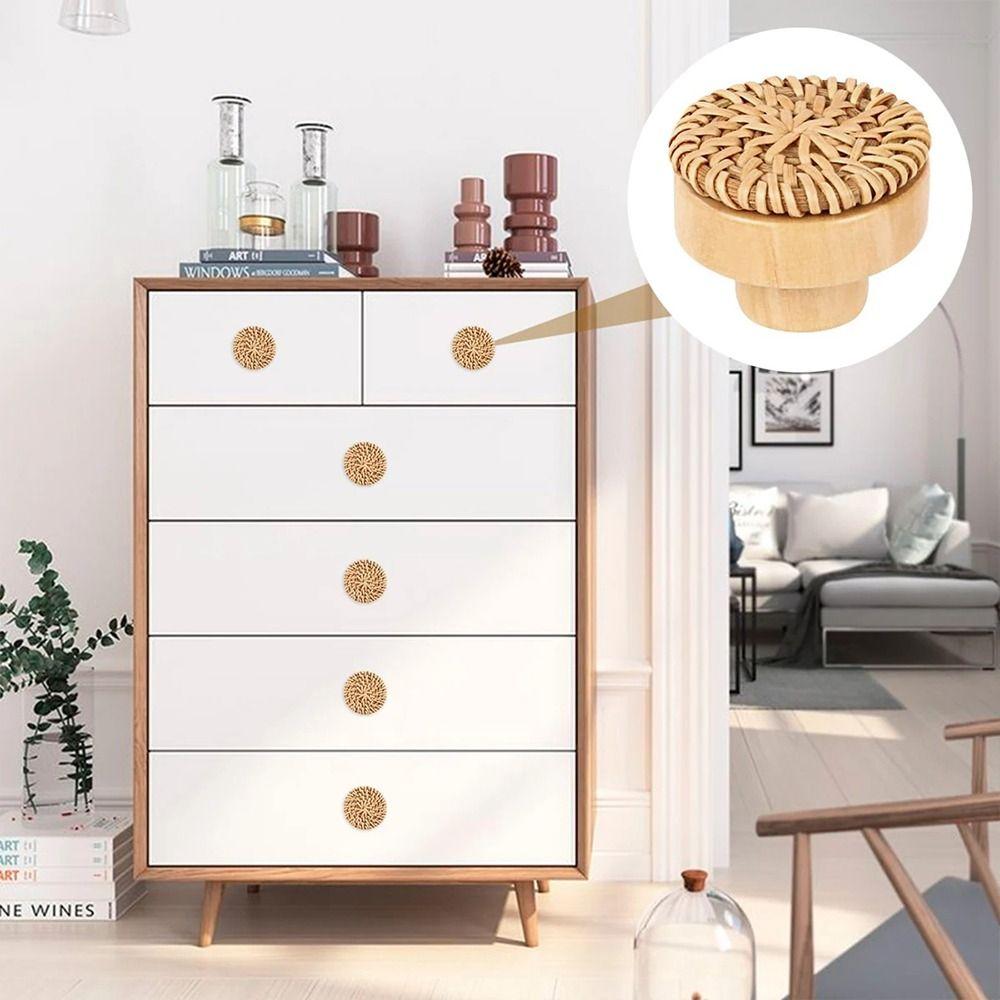 2/4/6/8Pcs Round Rattan Drawer Knobs Solid Wood Door Pulls  Furniture Hardware Accessories