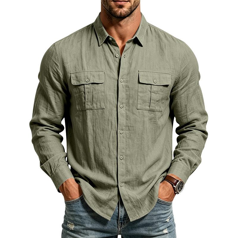 Men's Casual Textured Button Down Shirt Double Chest Pockets Long Sleeve Collared Top