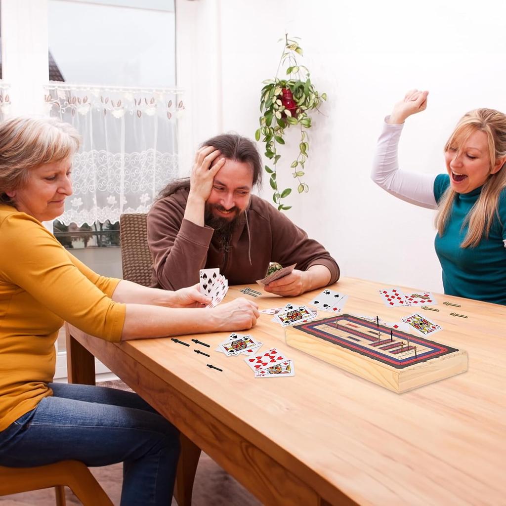 Cribbage Board Game Set, 3 Tracks Wooden Cribbage Board with Larger Storage Area, 1 Playing Card and 18 Metal Pegs, Travel Cribbage Board for Kids