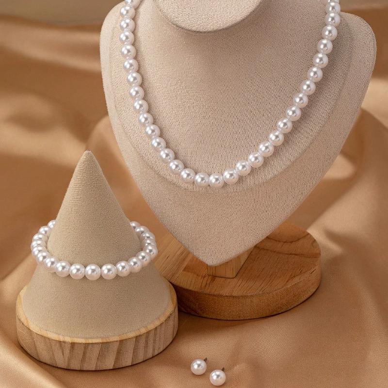 4pcs Fashionable Simple & Elegant Faux Pearl Beaded Necklace Bracelet Earrings Jewelry Set, Perfect for Dinners, Dates, Gatherings, and Parties