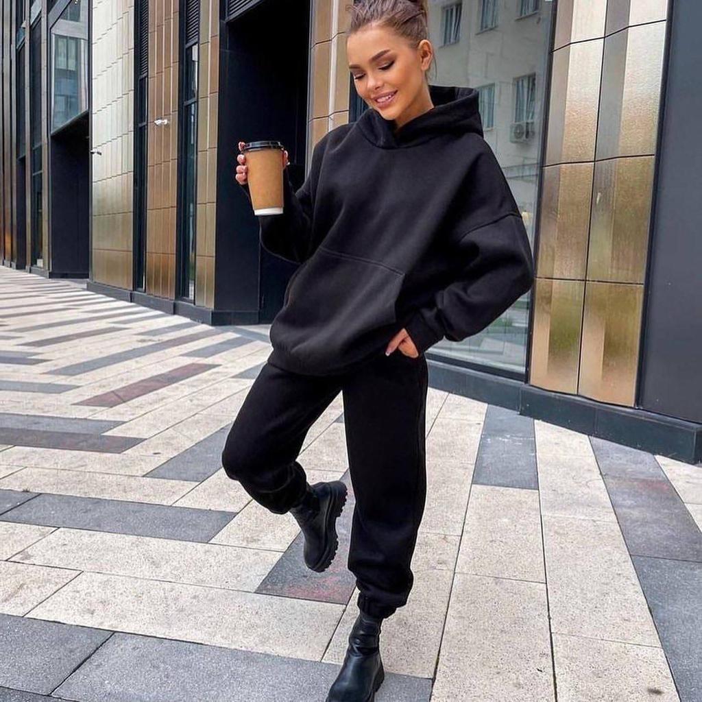 1116ebay European and American women's clothing autumn and winter new loose casual hooded sweater set two-piece set