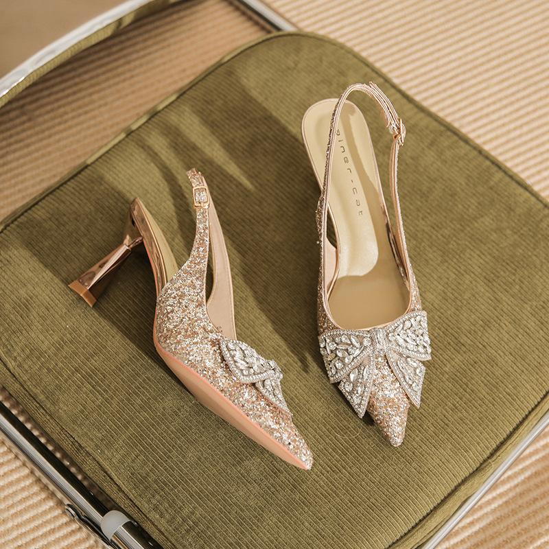 7521-3 [sheepskin] high-heeled wedding shoes women's thin heels 2025 new pointed sandals rhinestone bow shoes
