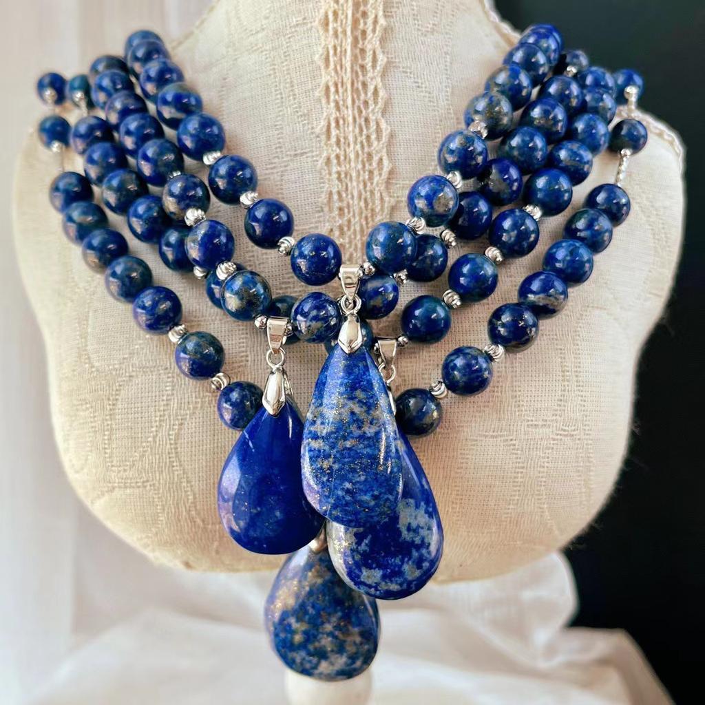 Vintage Original Design High Quality Natural Lapis Lazuli Sweater Chain Necklace Collarbone Chain