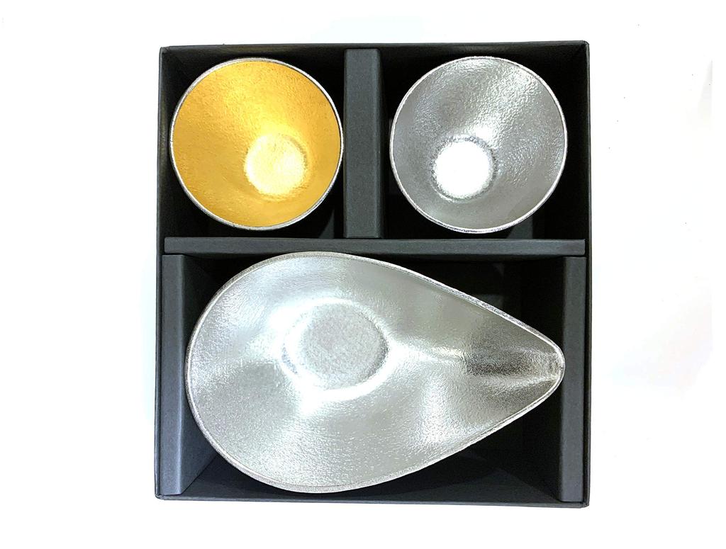 NOUSAKU Katakuchi Medium (1 go) Sake Cups, Tin and Gold, Set of 2, Wrapped in Japanese Paper