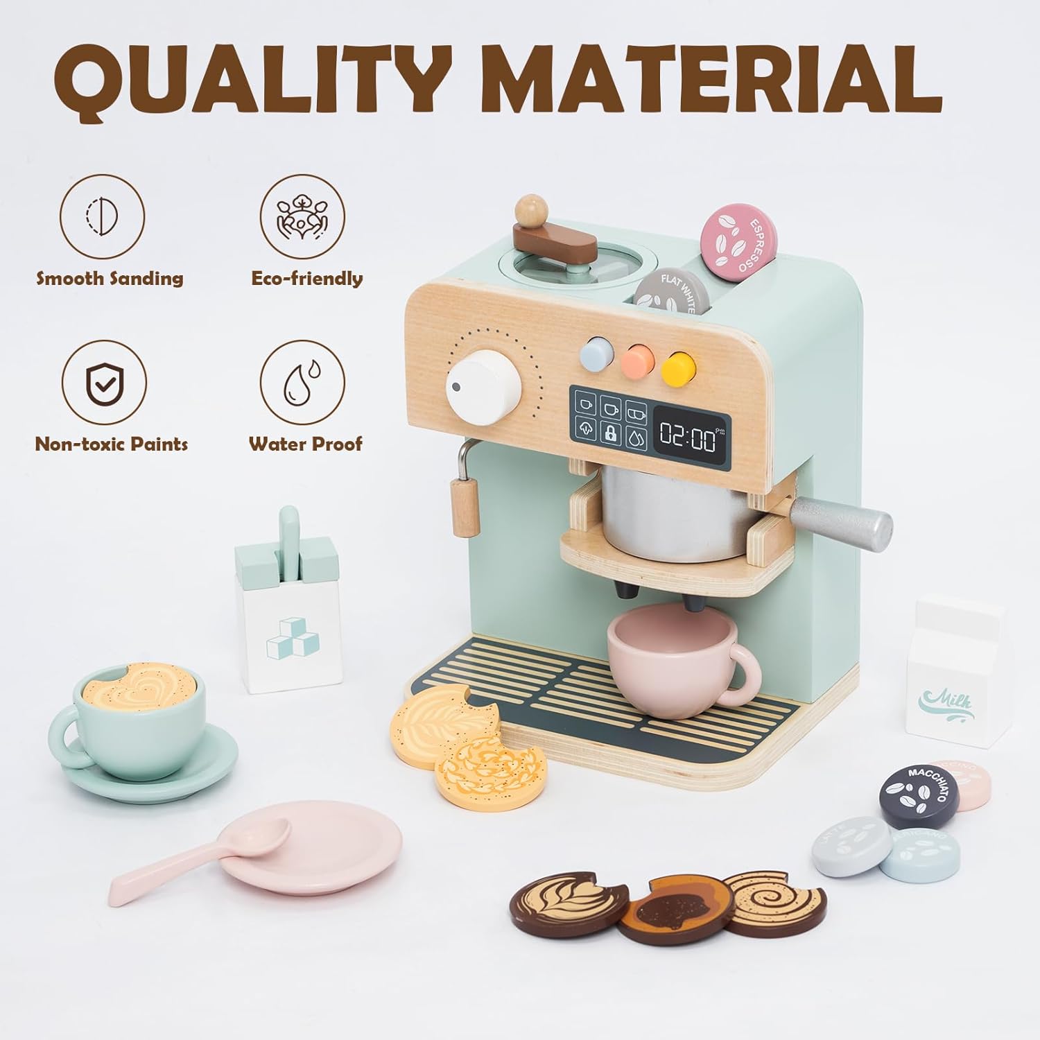 Kids Coffee Maker Playset, 23PCS Wooden Kitchen Toys, Play Kitchen Accessories for Toddler, Espresso Machine Playset, Gift for Boys and Girls 3 4 5
